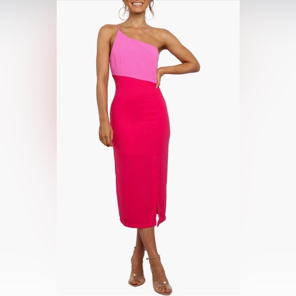 Petal & Pup Dresses & Skirts - Petal & Pup One-Shoulder Two-Tone Pink Midi Dress